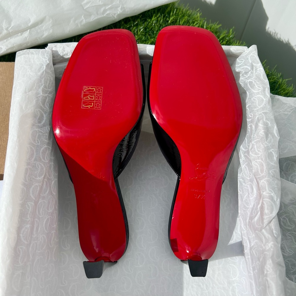 CHRISTIAN LOUBOUTIN CONDORA MULE 55 BLACK PAT. LEATHER SANDAL MID HEEL 37.5 NEW - Picture 15 of 16